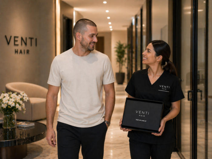 A Venti Hair specialist walking with a patient while holding the professional post-op care kit in a modern boutique setting.
