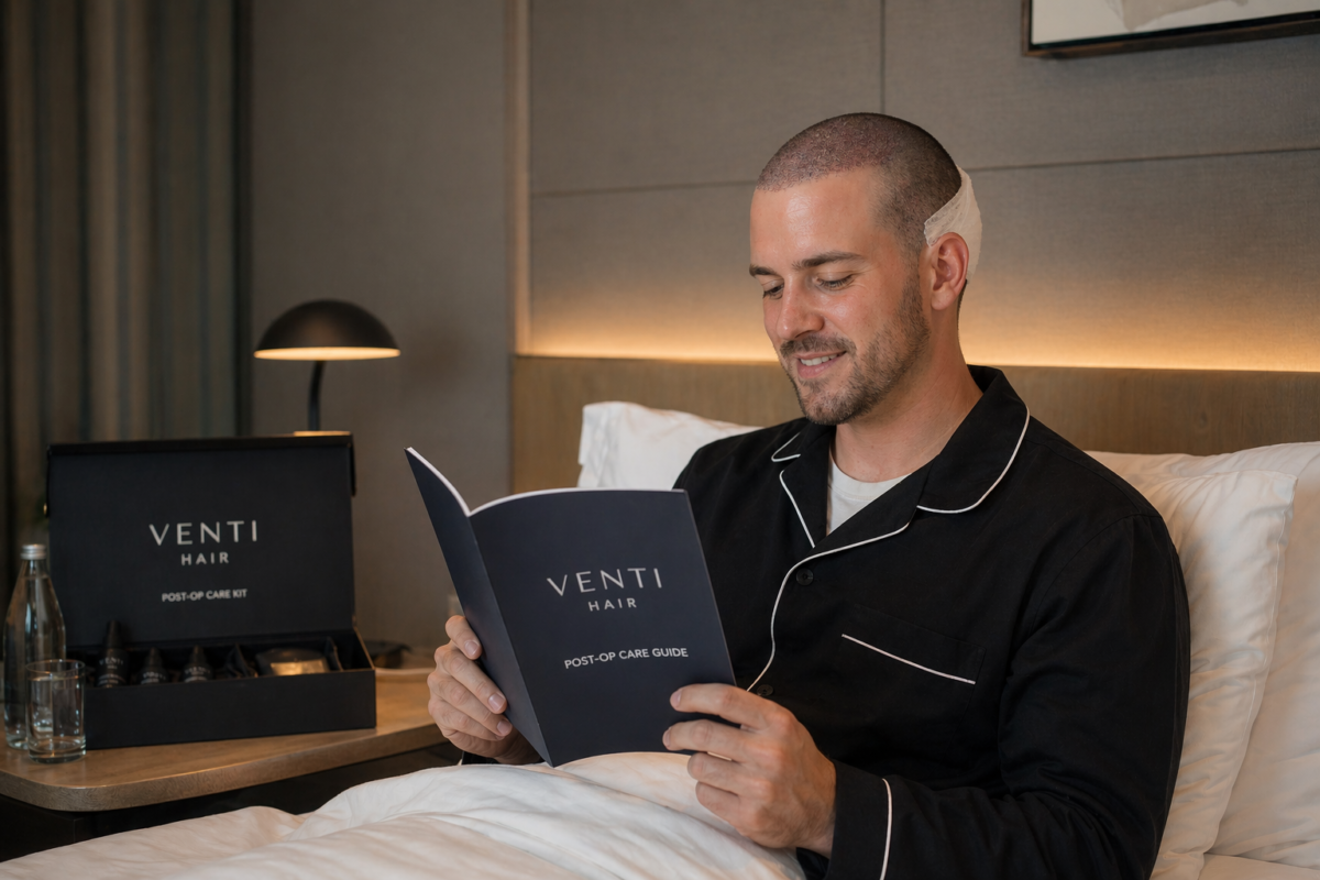 A patient reviewing the Venti Hair Post-Op Care Guide and care kit in a premium recovery room.
