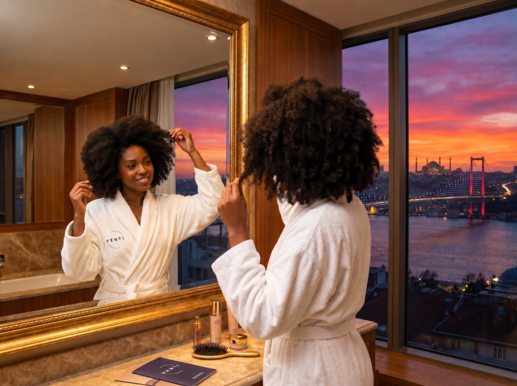 A smiling woman with natural afro hair wearing a Venti bathrobe examines her hair in front of a gold-framed mirror in a luxury Istanbul hotel room, with the Bosphorus Bridge and city skyline glowing at sunset in the background.