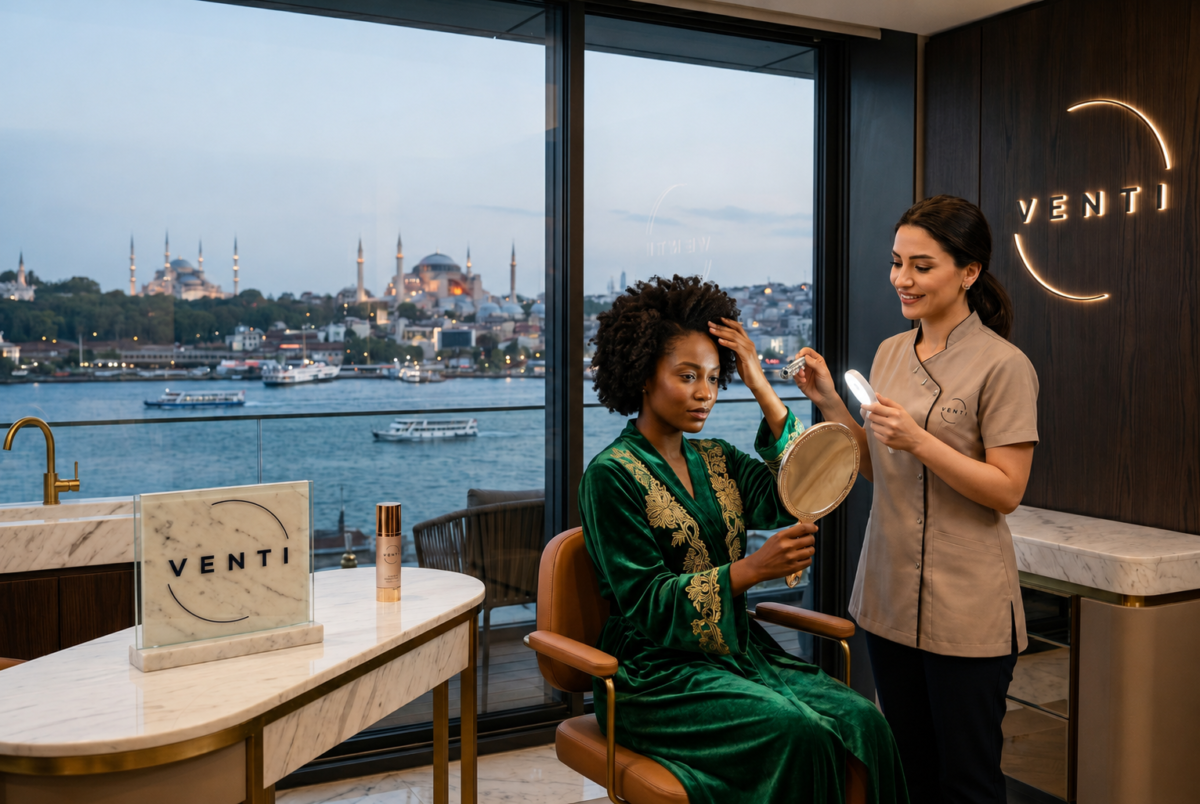 A female hair specialist examining afro coily hair during a personalized hair restoration consultation at Venti Hair Clinic Istanbul, with Hagia Sophia and Bosphorus view in the background.