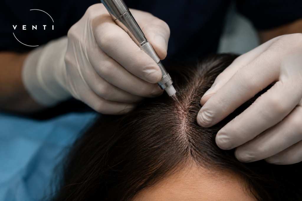 Close-up of a surgeon using a Choi implanter pen to place hair grafts along the frontal hairline of a female patient during a no-shave FUE hair transplant procedure at Venti Hair Clinic.