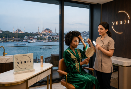 A female hair specialist examining afro coily hair during a personalized hair restoration consultation at Venti Hair Clinic Istanbul, with Hagia Sophia and Bosphorus view in the background.